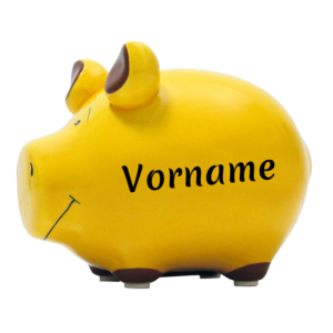 KCG Sparschwein gelb mit Namen (schwarze Beschriftung)