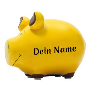Gelbes KCG Sparschwein mit Namen personalisiert